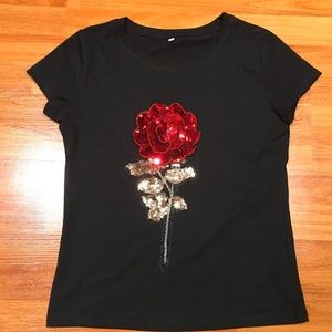 Casual Rose Sequin Embroidery T-Shirt